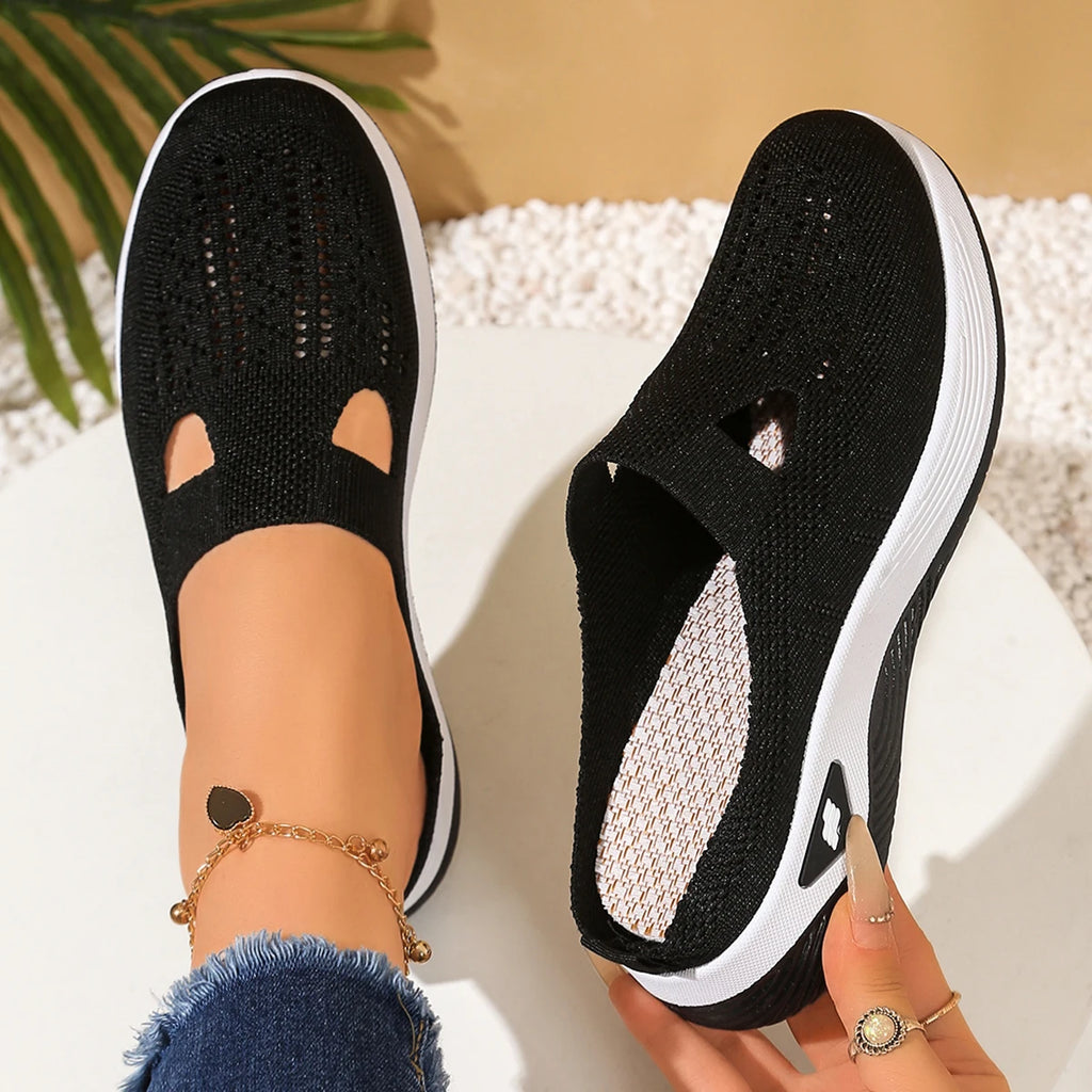 Women's Slip-On Mesh Mule Sneakers with Breathable Cut-Out Backless Comfort Walking Shoes-Women's Slippers-Black-4-