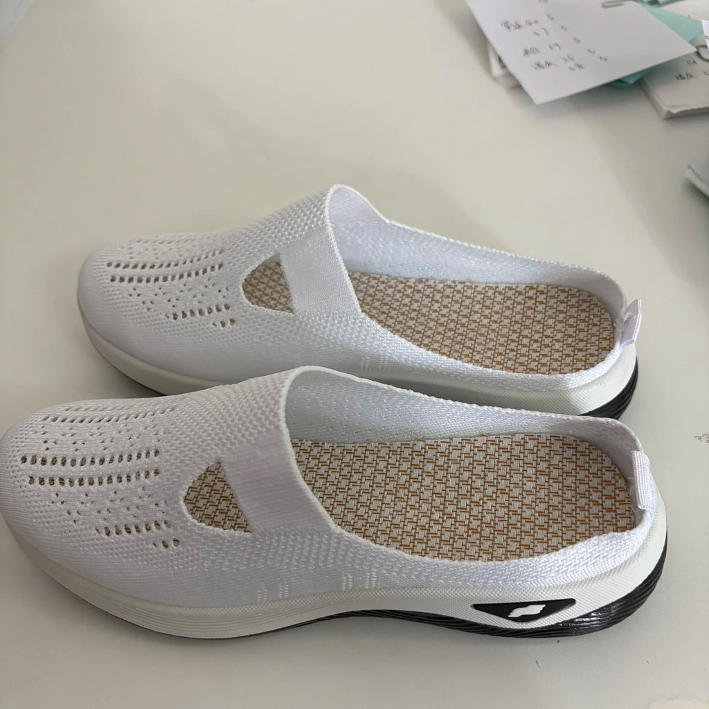 Women's Slip-On Mesh Mule Sneakers with Breathable Cut-Out Backless Comfort Walking Shoes-Women's Slippers-Grey-4-