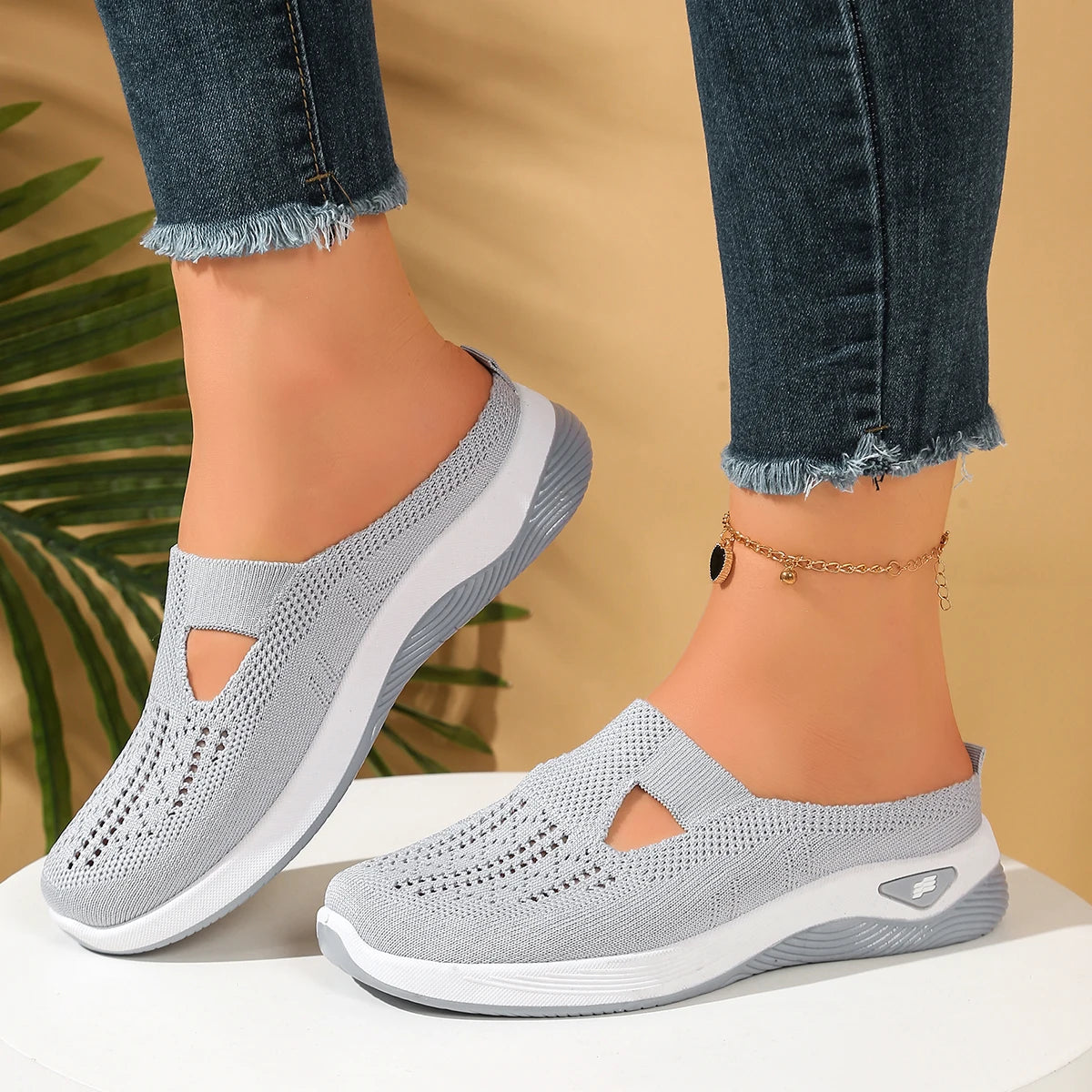 Women's Slip-On Mesh Mule Sneakers with Breathable Cut-Out Backless Comfort Walking Shoes-Women's Slippers-Grey-4-