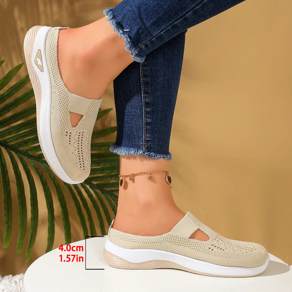 Women's Slip-On Mesh Mule Sneakers with Breathable Cut-Out Backless Comfort Walking Shoes-Women's Slippers-Grey-4-