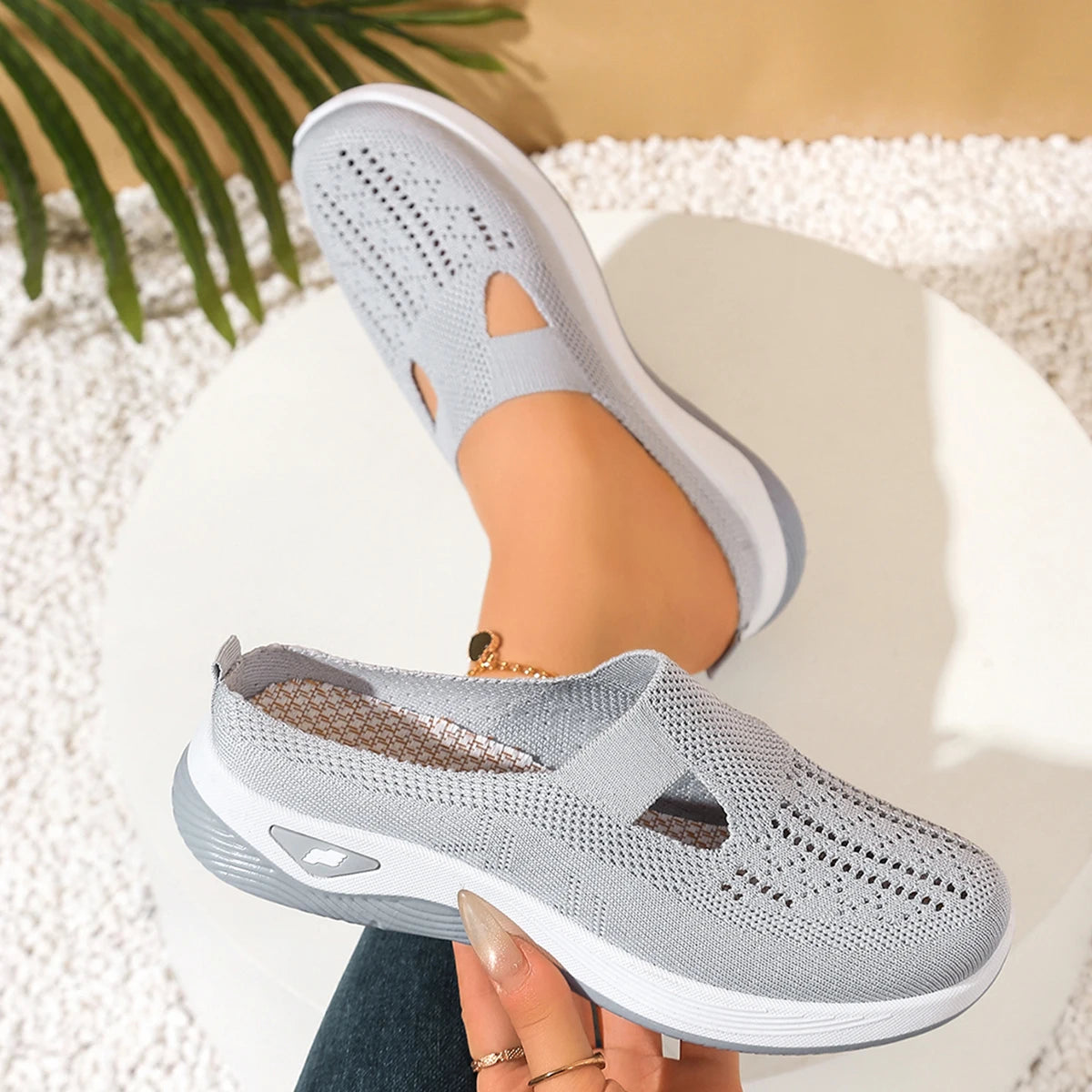 Women's Slip-On Mesh Mule Sneakers with Breathable Cut-Out Backless Comfort Walking Shoes-Women's Slippers-Grey-4-