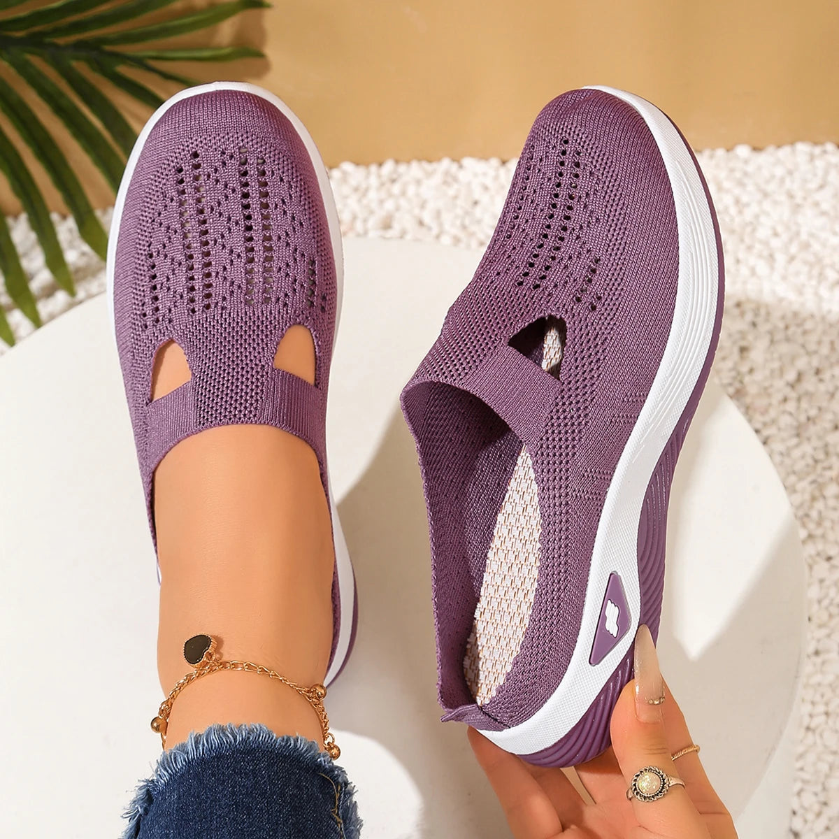 Women's Slip-On Mesh Mule Sneakers with Breathable Cut-Out Backless Comfort Walking Shoes-Women's Slippers-Purple-4-