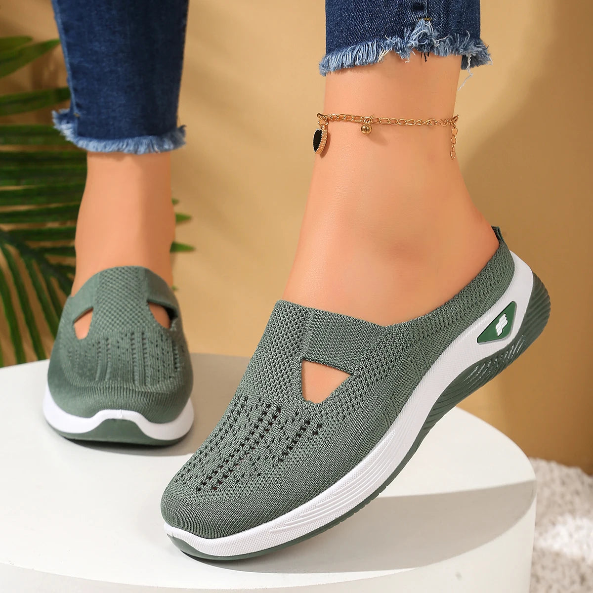 Women's Slip-On Mesh Mule Sneakers with Breathable Cut-Out Backless Comfort Walking Shoes-Women's Slippers-Green-4-