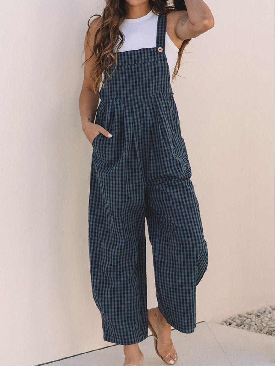 Women's Casual Plaid Wide-Leg Overalls-Jumpsuits & Overalls-Camoufit