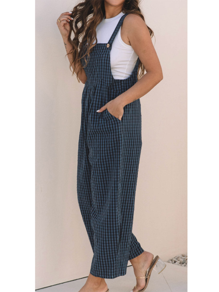 Women's Casual Plaid Wide-Leg Overalls-Jumpsuits & Overalls-Camoufit