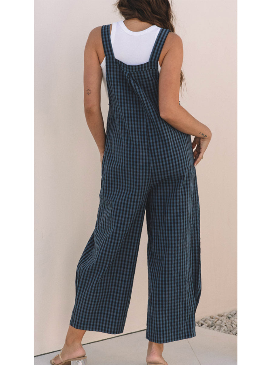 Women's Casual Plaid Wide-Leg Overalls-Jumpsuits & Overalls-Camoufit
