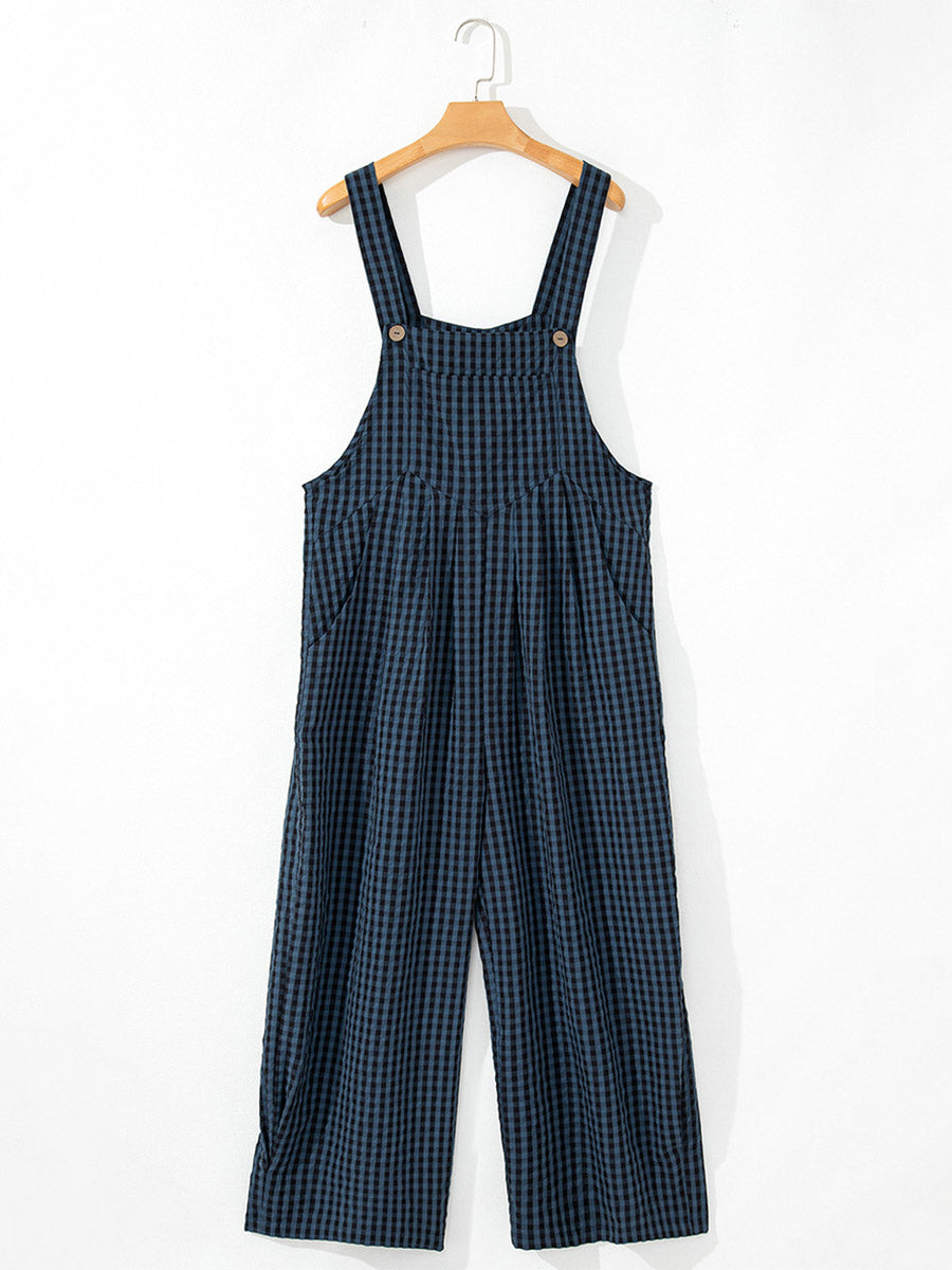 Women's Casual Plaid Wide-Leg Overalls-Jumpsuits & Overalls-Camoufit
