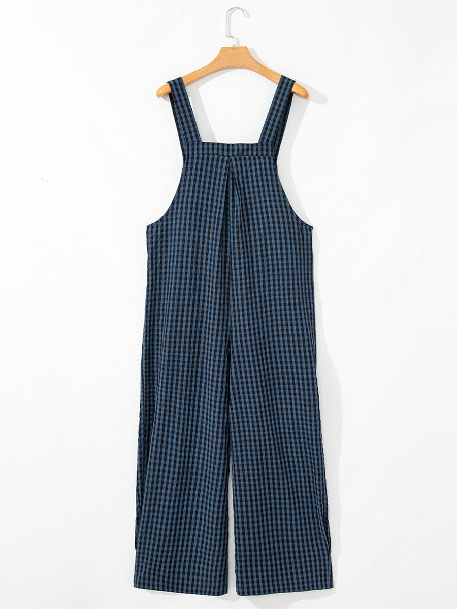 Women's Casual Plaid Wide-Leg Overalls-Jumpsuits & Overalls-Camoufit
