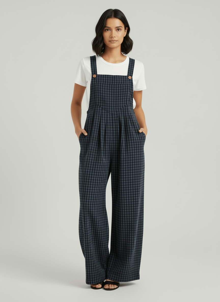 Women's Casual Plaid Wide-Leg Overalls-Jumpsuits & Overalls-CAMOUFIT-Navy-S-Camoufit
