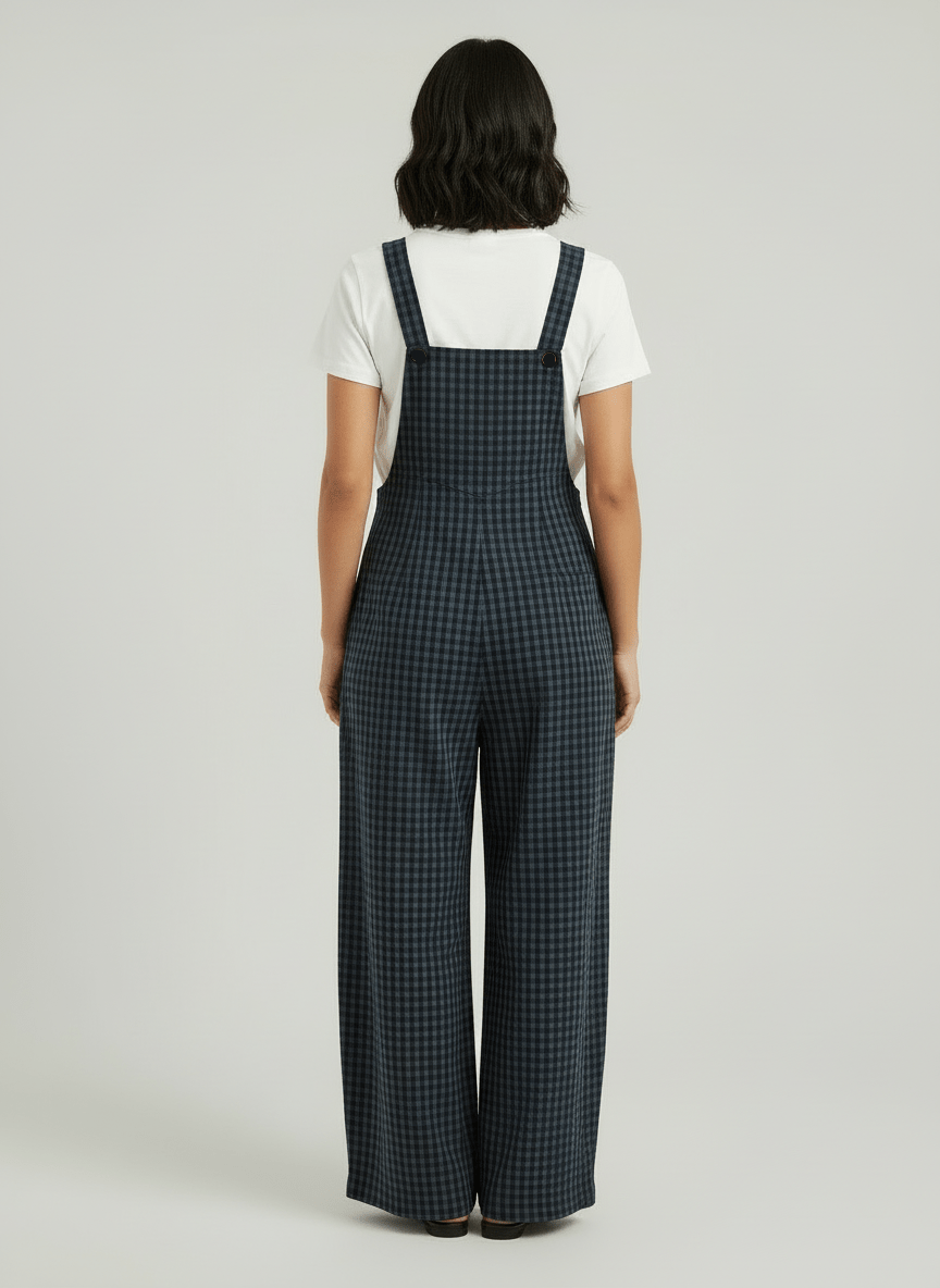 Women's Casual Plaid Wide-Leg Overalls-Jumpsuits & Overalls-CAMOUFIT-Navy-S-Camoufit