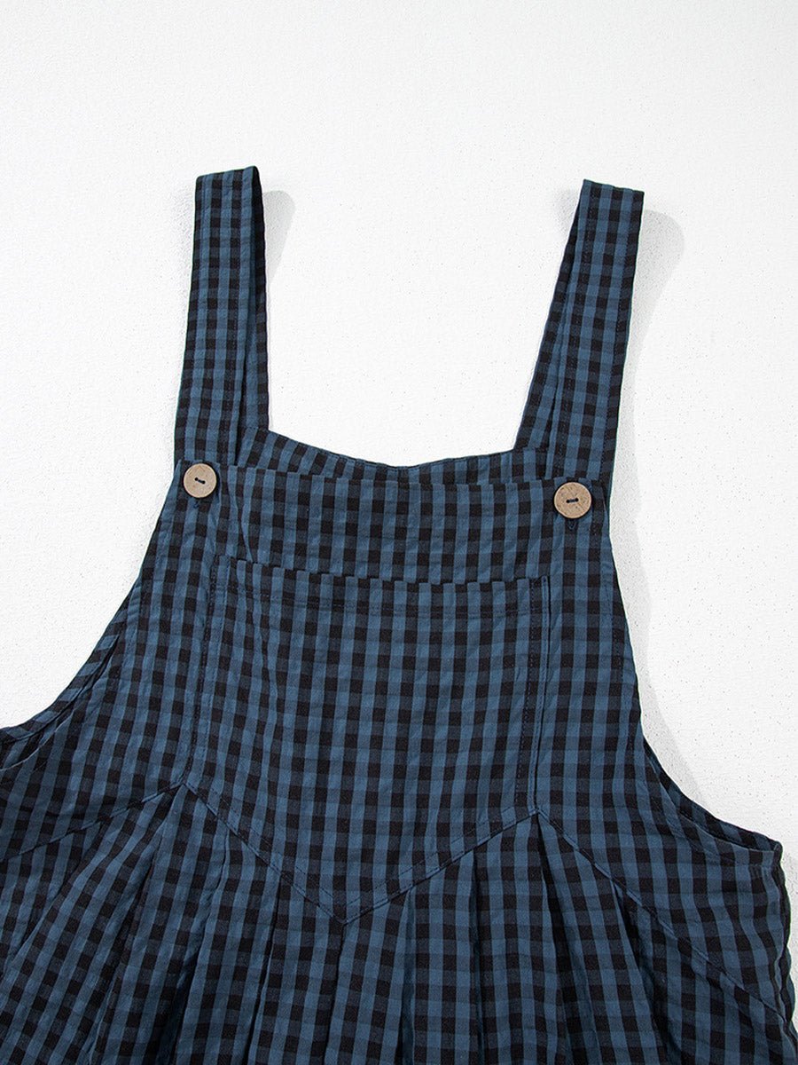 Women's Casual Plaid Wide-Leg Overalls-Jumpsuits & Overalls-CAMOUFIT-Navy-S-Camoufit