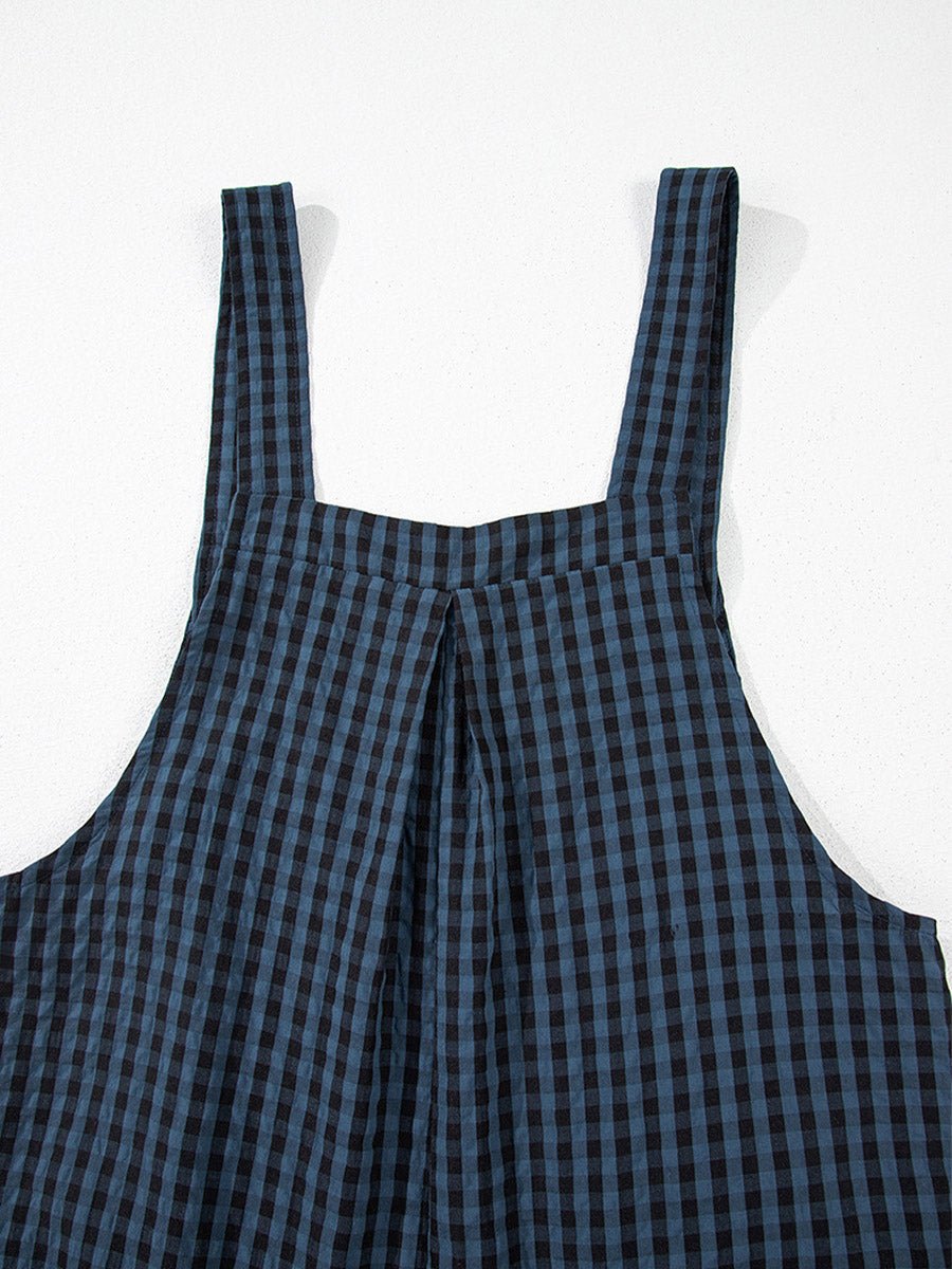 Women's Casual Plaid Wide-Leg Overalls-Jumpsuits & Overalls-CAMOUFIT-Navy-S-Camoufit