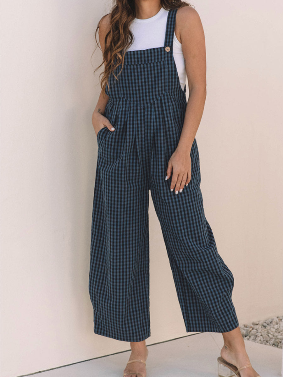 Women's Casual Plaid Wide-Leg Overalls-Jumpsuits & Overalls-Navy-S-Camoufit