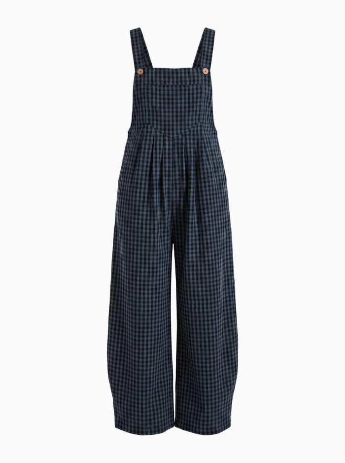 Women's Casual Plaid Wide-Leg Overalls-Jumpsuits & Overalls-CAMOUFIT-Navy-S-Camoufit