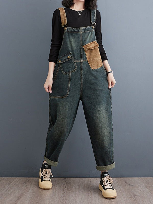 Women's Contrast Washed Denim Overalls-Jumpsuits & Overalls-CAMOUFIT-Blue-M-Camoufit