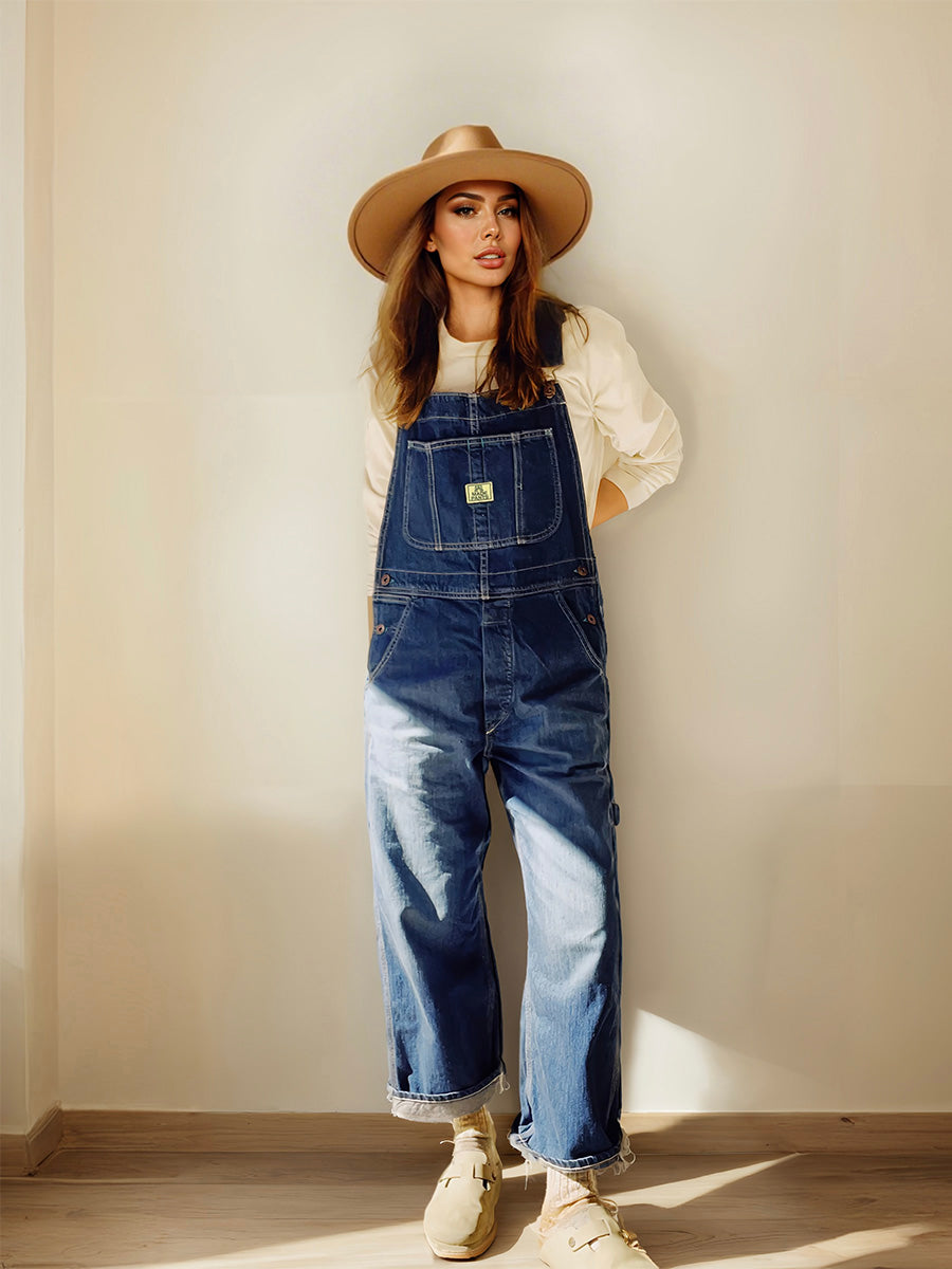Women's Denim Bib Overalls-Jumpsuits & Overalls-Dark Blue-S-Camoufit