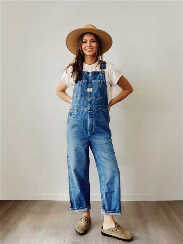 Women's Denim Bib Overalls-Jumpsuits & Overalls-Medium Blue-S-Camoufit