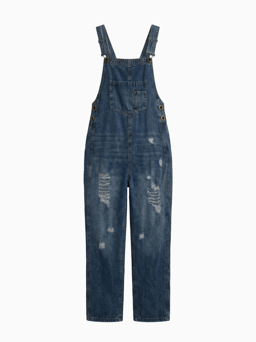 Women's Distressed Denim Overalls Cotton-Jumpsuits & Overalls-CAMOUFIT-Dark Blue-S-Camoufit