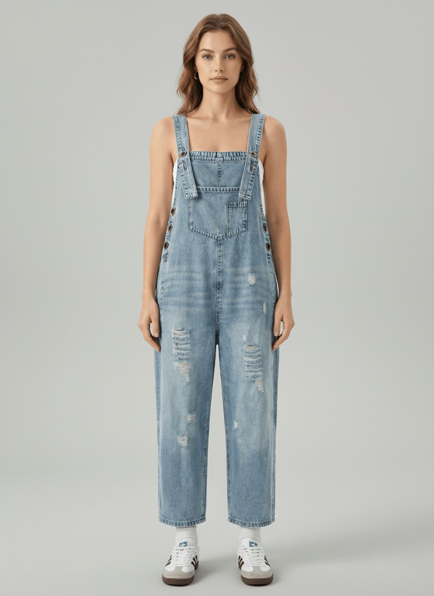 Women's Distressed Denim Overalls Cotton-Jumpsuits & Overalls-CAMOUFIT-Medium Blue-S-Camoufit