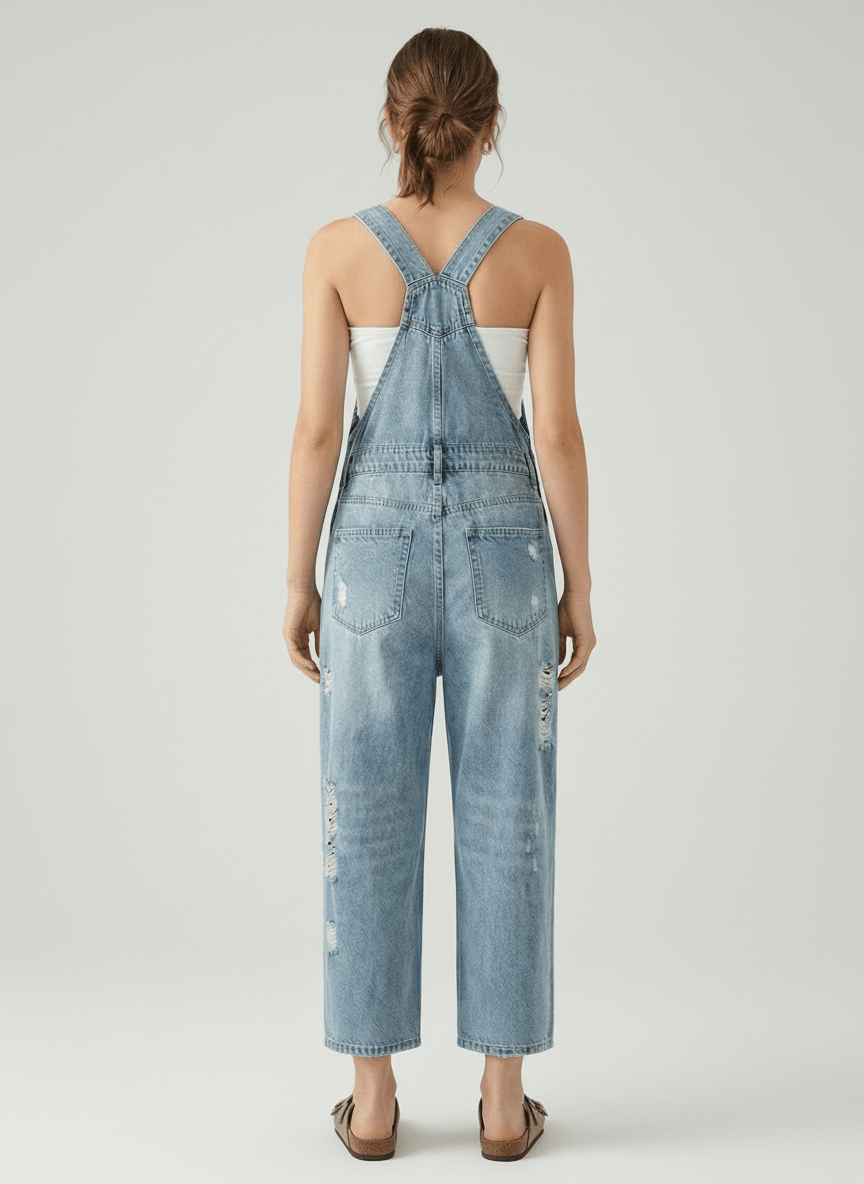 Women's Distressed Denim Overalls Cotton-Jumpsuits & Overalls-CAMOUFIT-Medium Blue-S-Camoufit