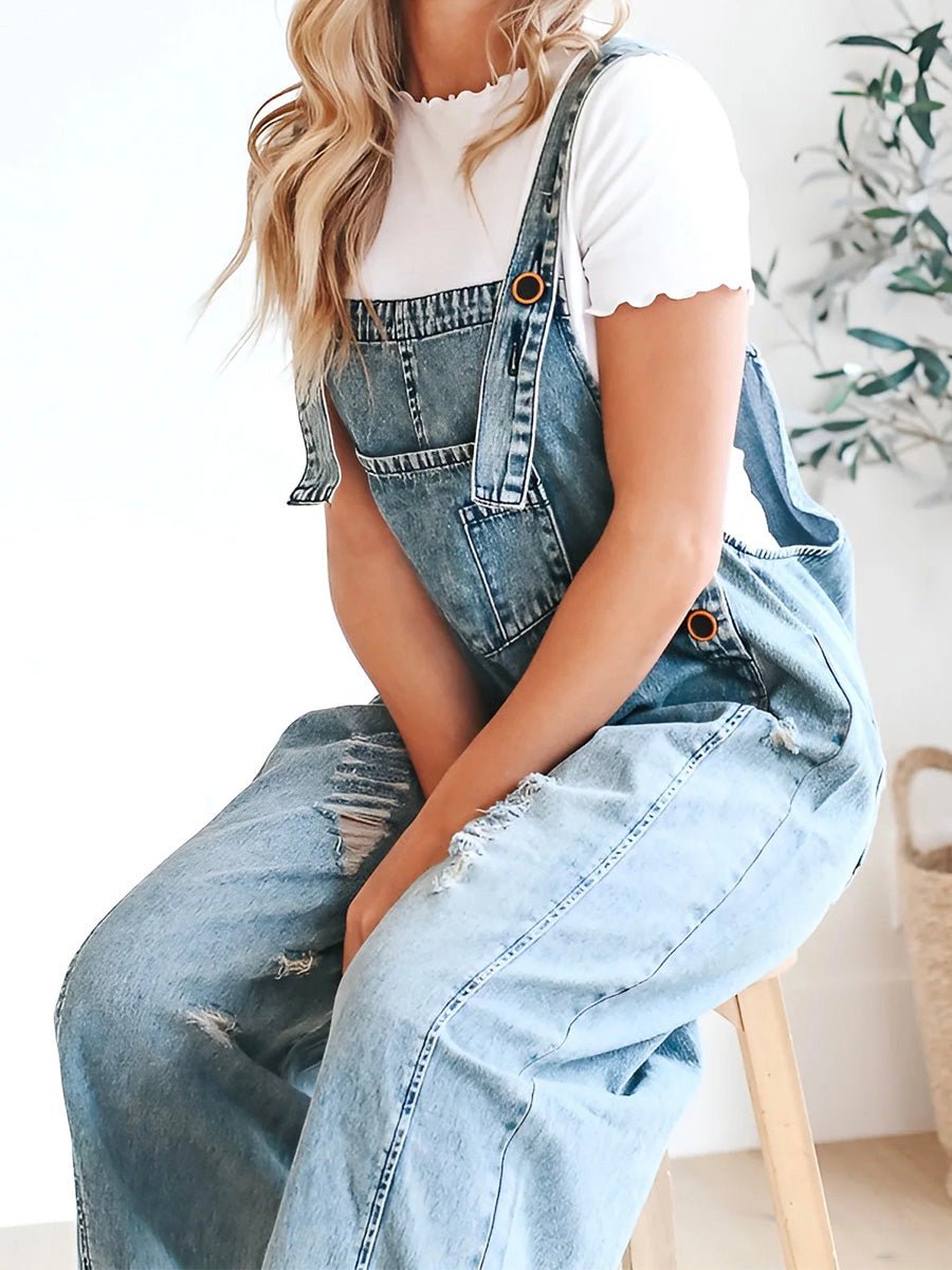 Women's Distressed Denim Overalls Cotton-Jumpsuits & Overalls-CAMOUFIT-Medium Blue-S-Camoufit
