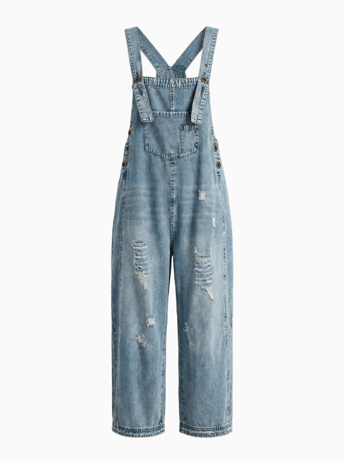 Women's Distressed Denim Overalls Cotton-Jumpsuits & Overalls-CAMOUFIT-Medium Blue-S-Camoufit