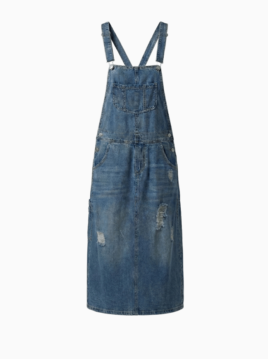 Women's Distressed Denim Overalls Dress Cotton-Dresses-CAMOUFIT-Dark Blue-S-Camoufit