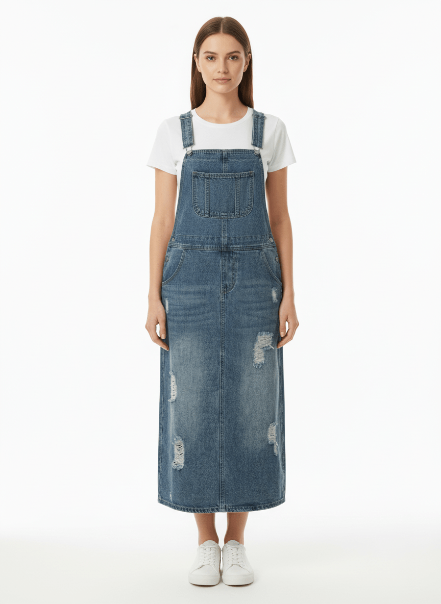 Women's Distressed Denim Overalls Dress Cotton-Dresses-CAMOUFIT-Light Blue-S-Camoufit