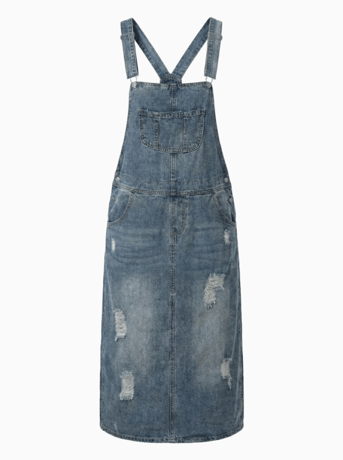Women's Distressed Denim Overalls Dress Cotton-Dresses-CAMOUFIT-Light Blue-S-Camoufit