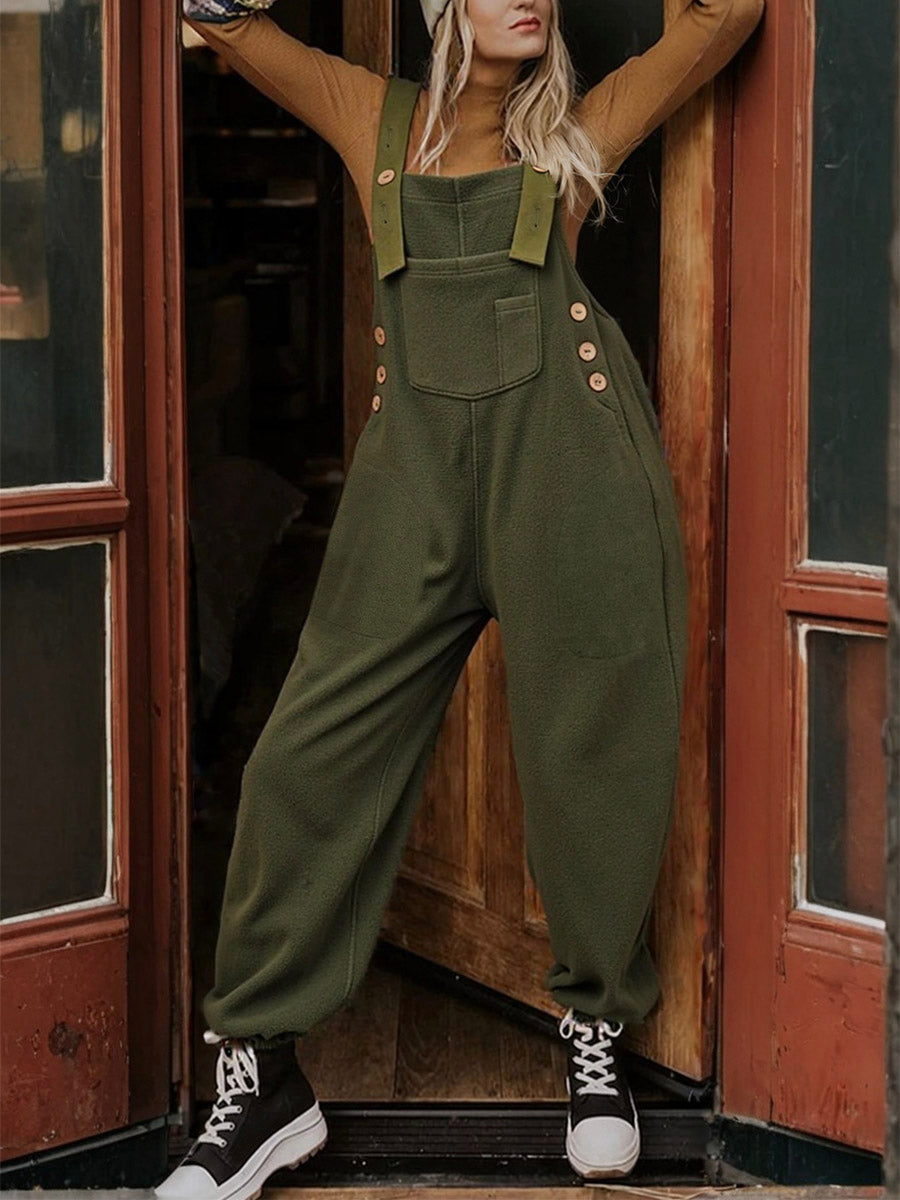 Women’s Fleece Overalls with Coconut Button Straps-Jumpsuits & Overalls-Camoufit