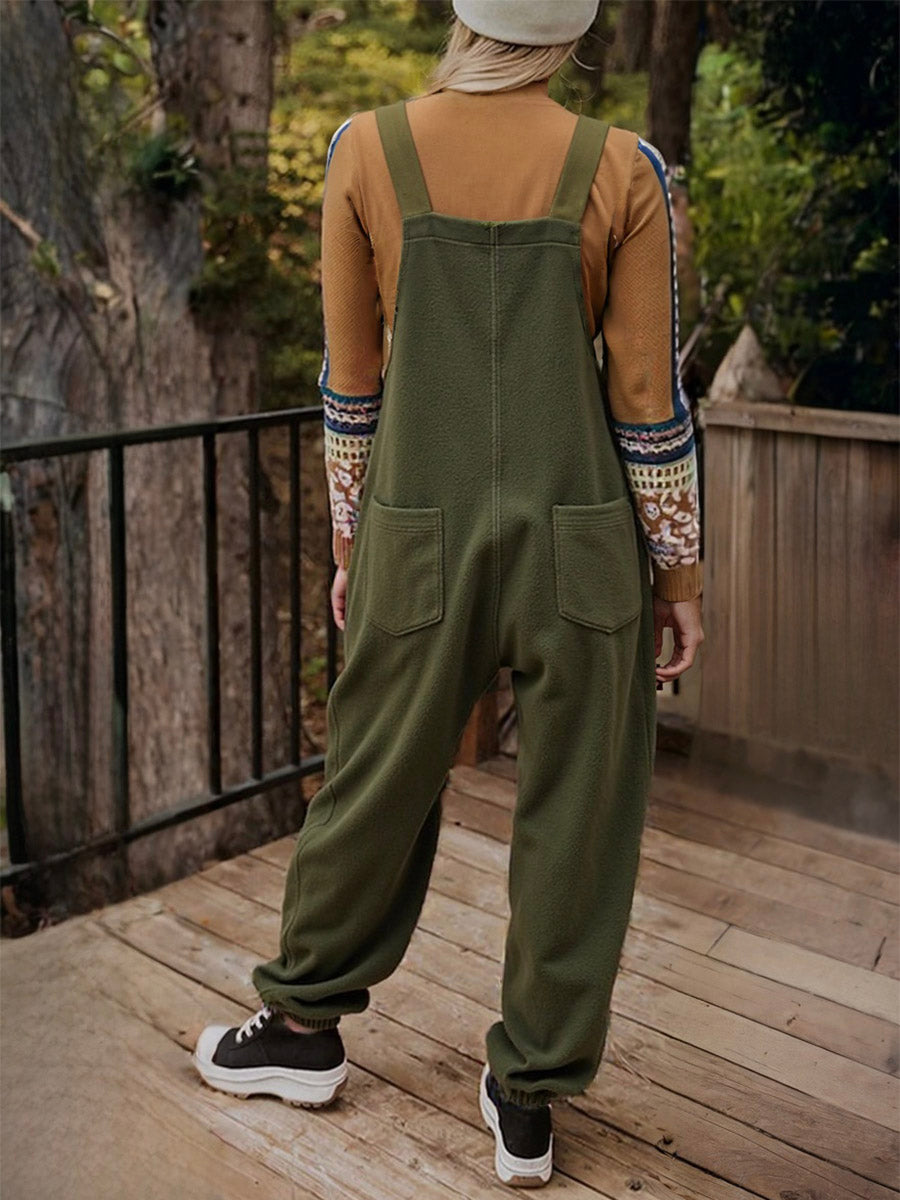 Women’s Fleece Overalls with Coconut Button Straps-Jumpsuits & Overalls-Camoufit