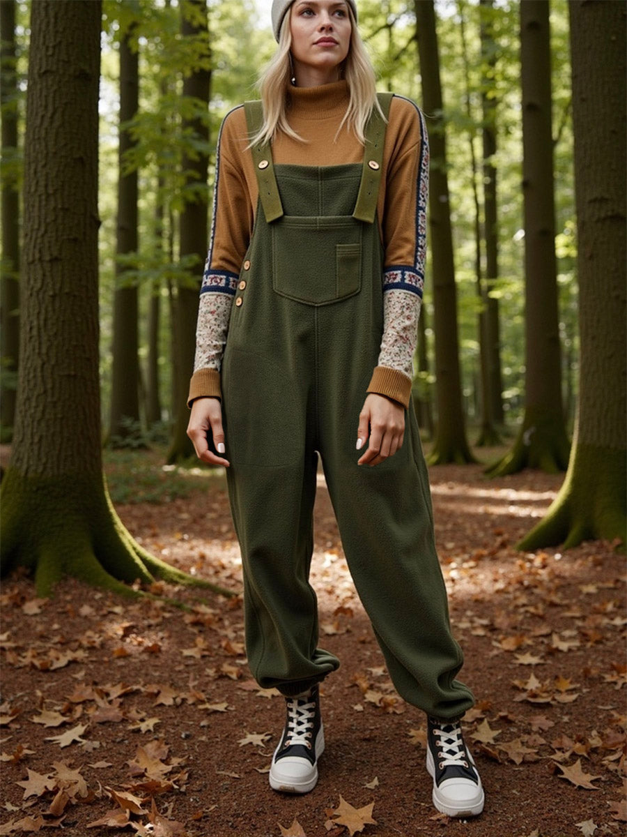 Women’s Fleece Overalls with Coconut Button Straps-Jumpsuits & Overalls-Camoufit