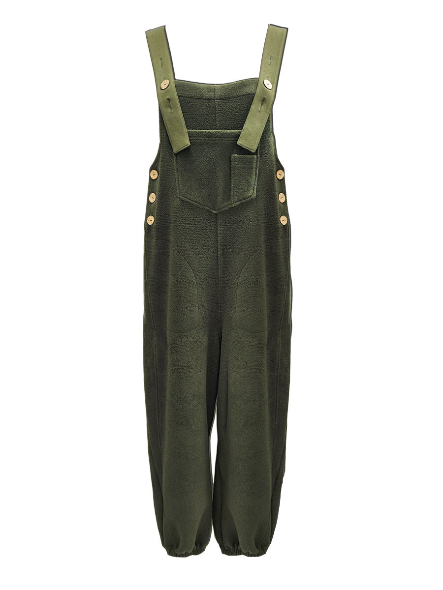 Women’s Fleece Overalls with Coconut Button Straps-Jumpsuits & Overalls-Camoufit