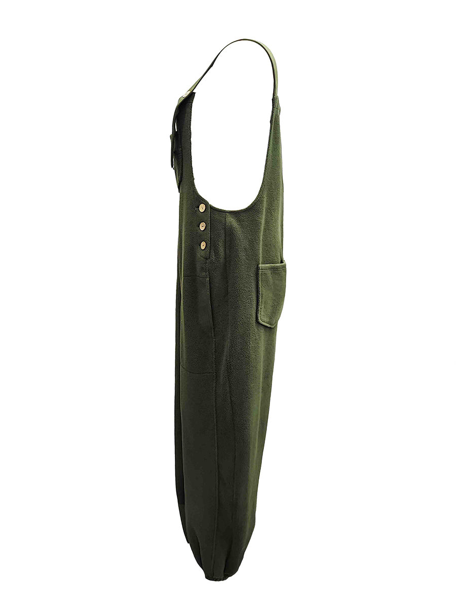 Women’s Fleece Overalls with Coconut Button Straps-Jumpsuits & Overalls-Camoufit