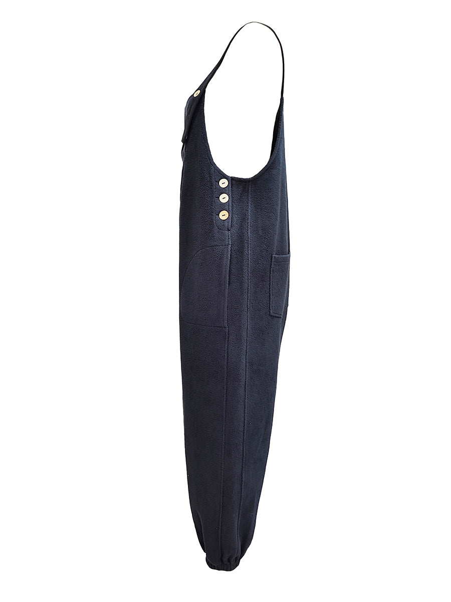 Women’s Fleece Overalls with Coconut Button Straps-Jumpsuits & Overalls-Camoufit