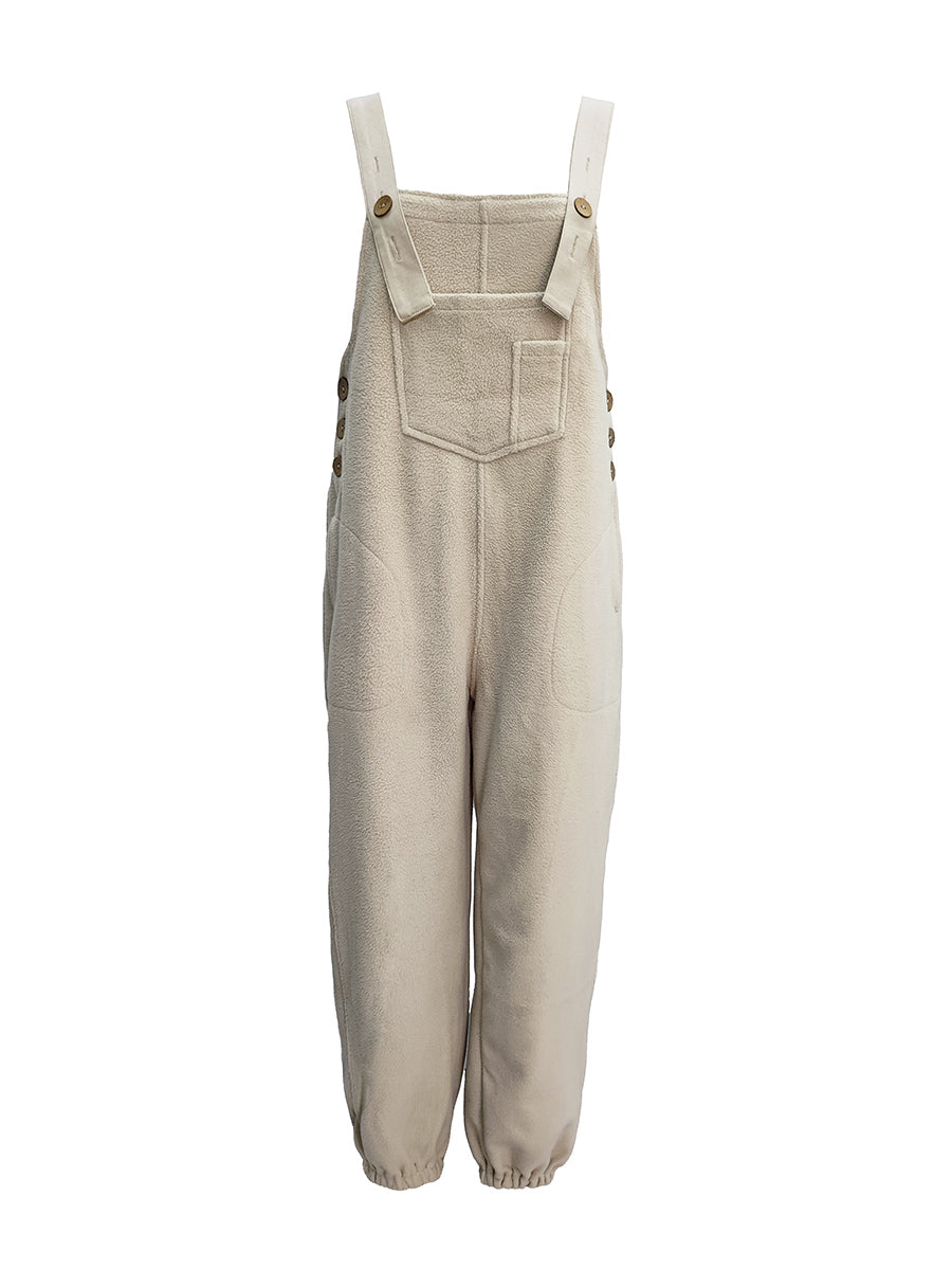 Women’s Fleece Overalls with Coconut Button Straps-Jumpsuits & Overalls-Light Khaki-S-Camoufit