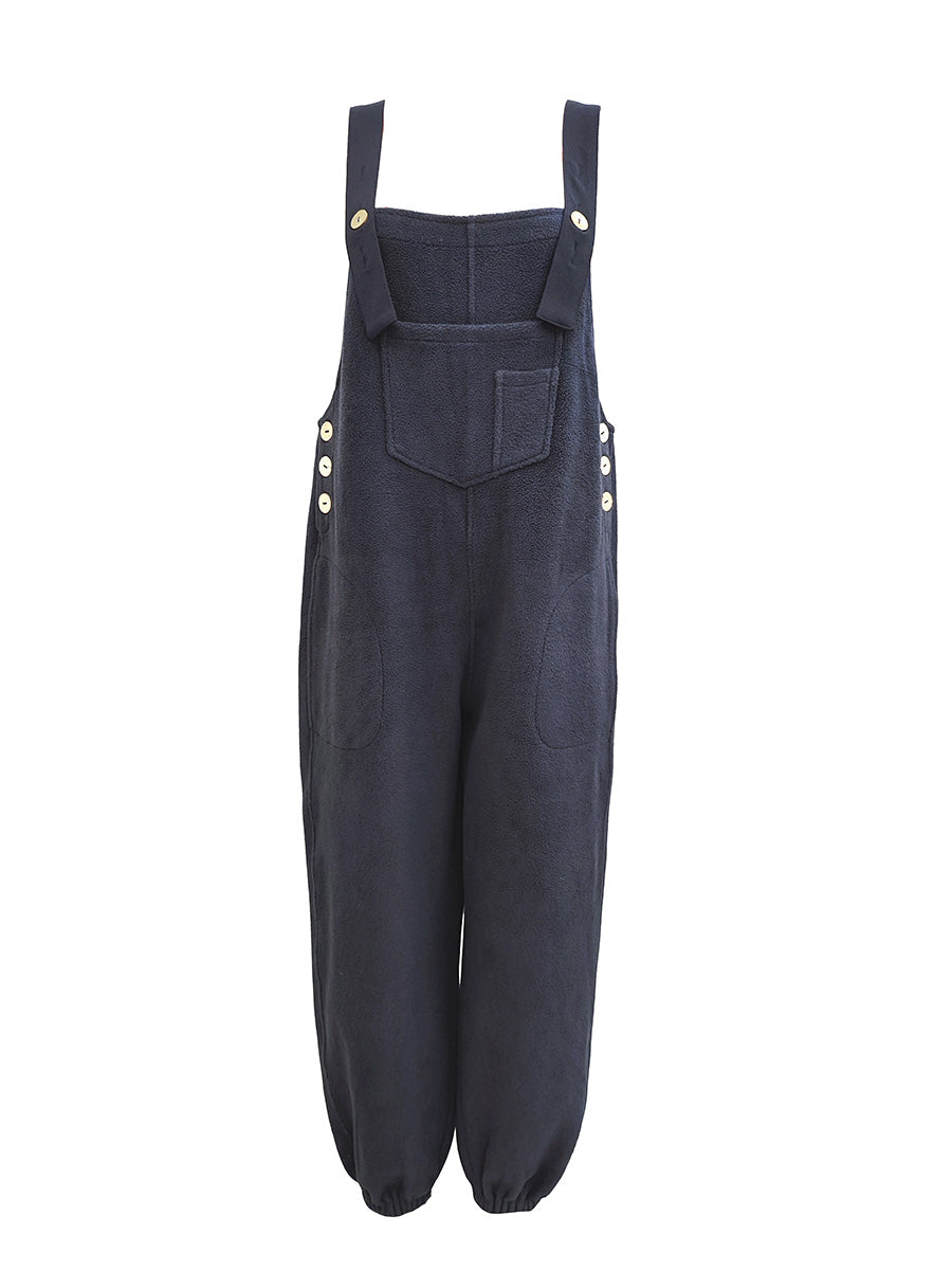 Women’s Fleece Overalls with Coconut Button Straps-Jumpsuits & Overalls-Navy Blue-S-Camoufit