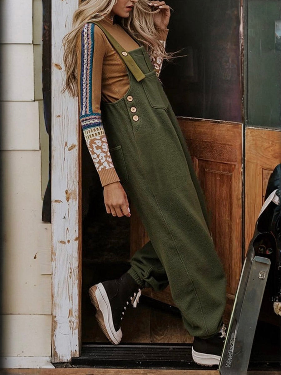 Women’s Fleece Overalls with Coconut Button Straps-Jumpsuits & Overalls-Olive-S-Camoufit