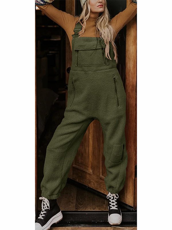 Women's Fleece Thermal Overalls With Zippered Pockets-Jumpsuits & Overalls-CAMOUFIT-Army Green-S-Camoufit