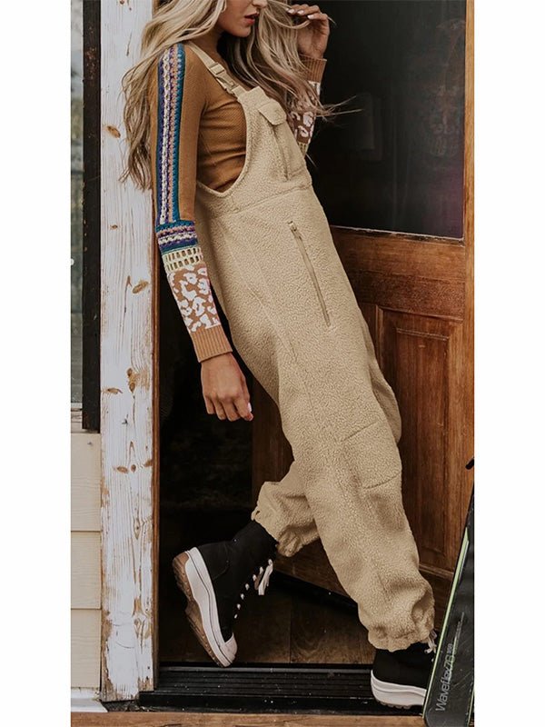 Women's Fleece Thermal Overalls With Zippered Pockets-Jumpsuits & Overalls-CAMOUFIT-Khaki-S-Camoufit