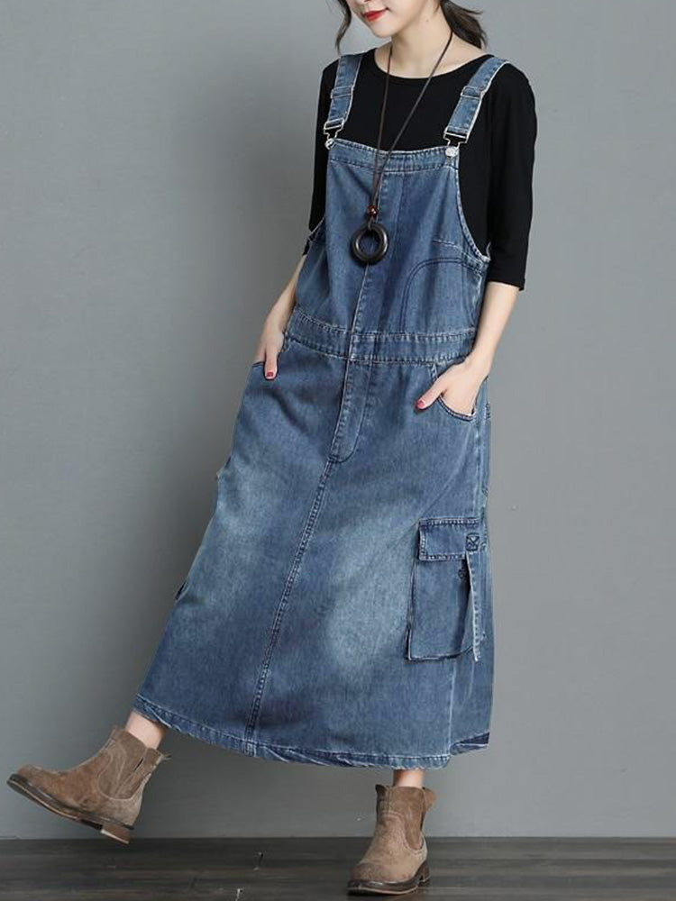 Women’s Loose Fit Denim Overall Dress-Jumpsuits & Overalls-Camoufit