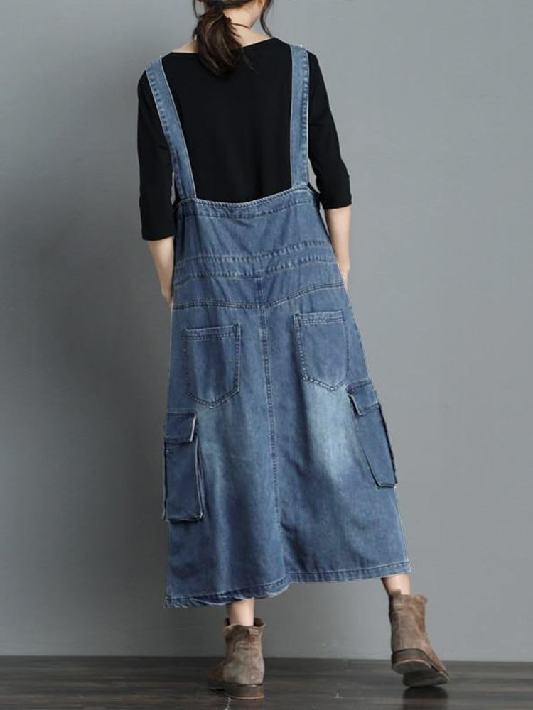Women’s Loose Fit Denim Overall Dress-Jumpsuits & Overalls-Camoufit