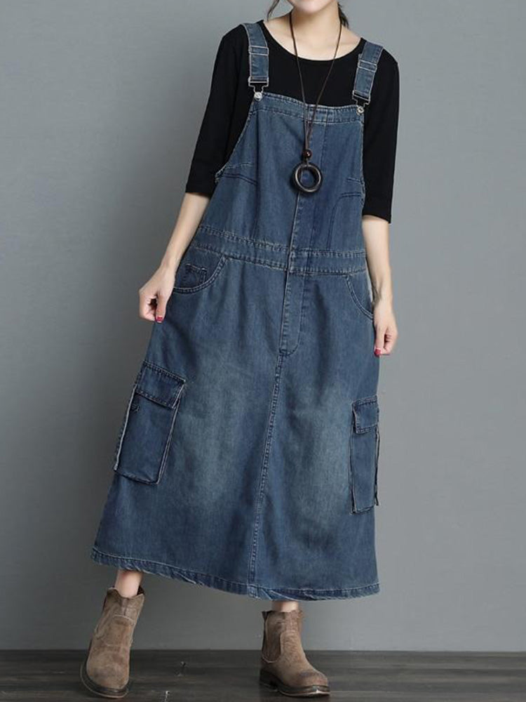 Women’s Loose Fit Denim Overall Dress-Jumpsuits & Overalls-Camoufit