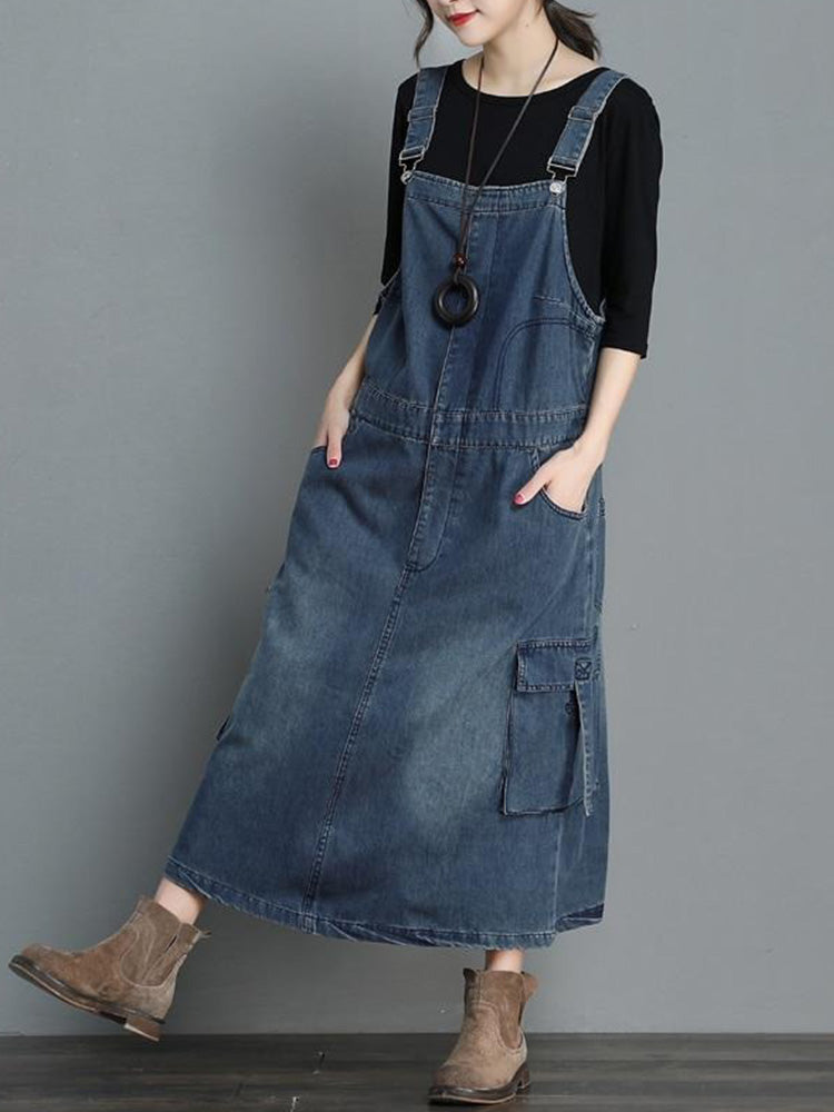 Women’s Loose Fit Denim Overall Dress-Jumpsuits & Overalls-Camoufit