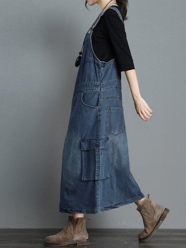 Women’s Loose Fit Denim Overall Dress-Jumpsuits & Overalls-Camoufit