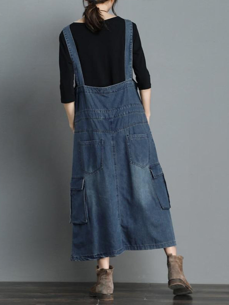Women’s Loose Fit Denim Overall Dress-Jumpsuits & Overalls-Camoufit