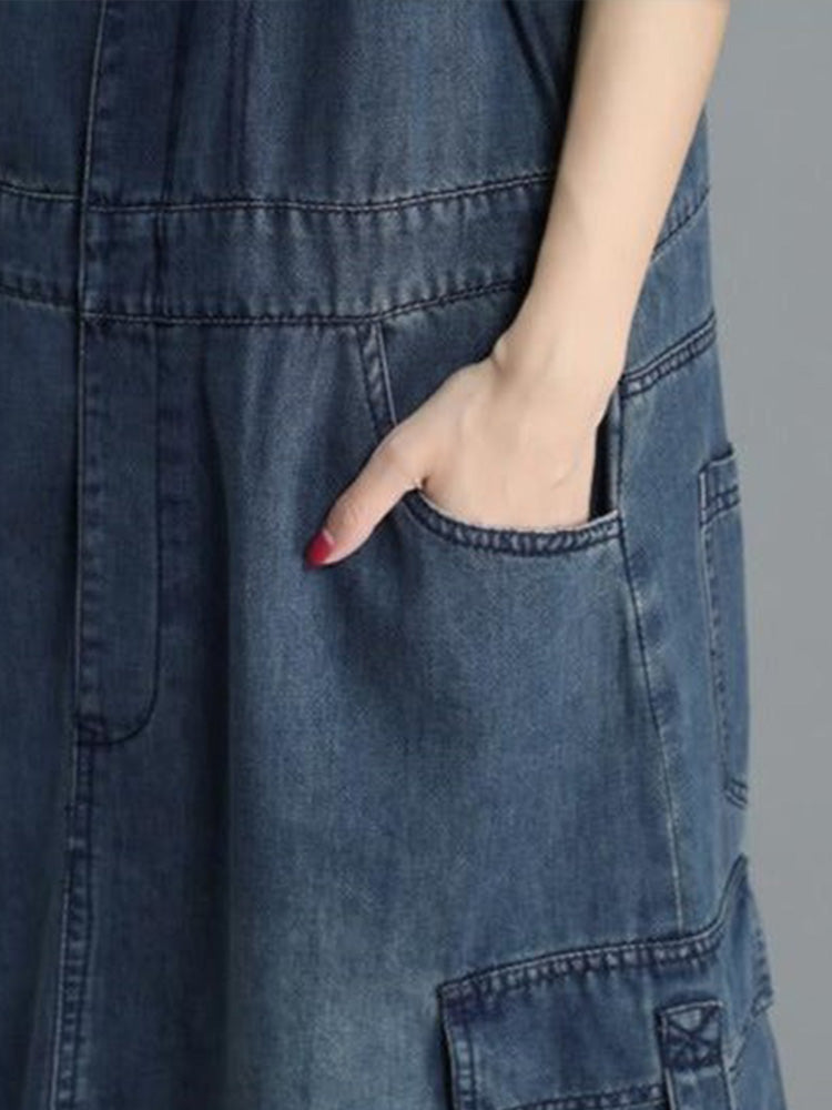 Women’s Loose Fit Denim Overall Dress-Jumpsuits & Overalls-Camoufit
