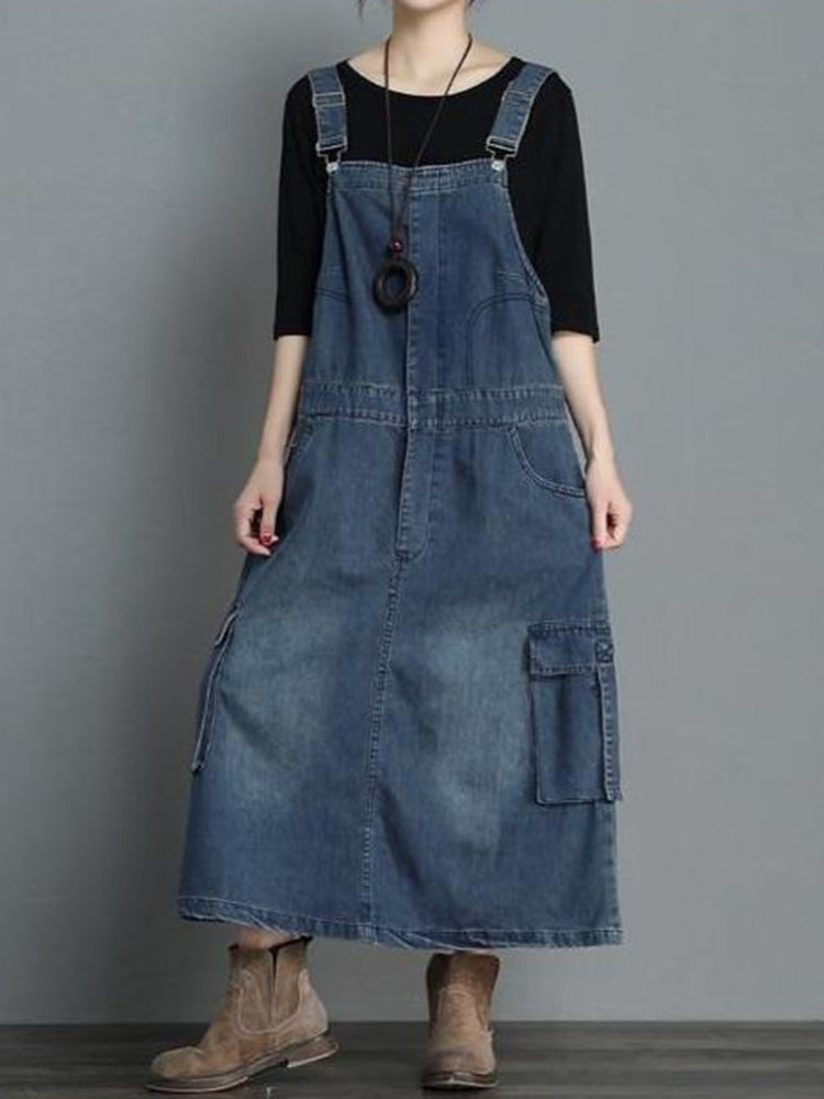 Women’s Loose Fit Denim Overall Dress-Jumpsuits & Overalls-Dark Blue-S-Camoufit