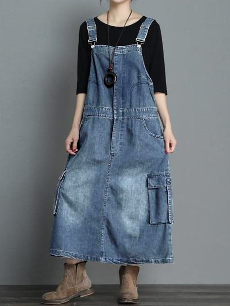 Women’s Loose Fit Denim Overall Dress-Jumpsuits & Overalls-Light Blue-S-Camoufit