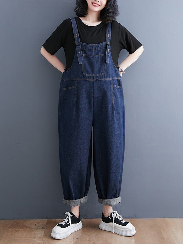 Women's Loose Multi-Pocket Denim Overalls-Jumpsuits & Overalls-CAMOUFIT-Blue-M-Camoufit